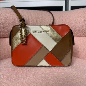 Michael Kors Orange and Gold Crossbody Bag with Geometric Design
